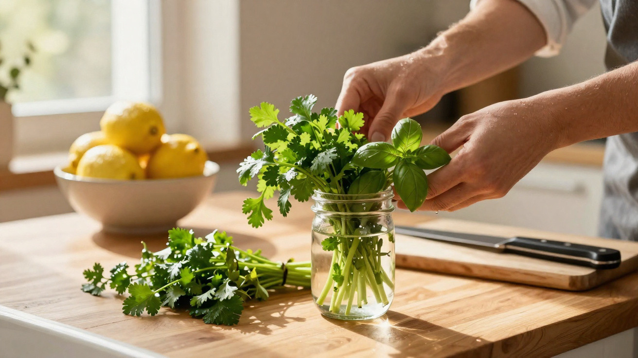 Hands placing fresh herbs into a glass jar on a wooden kitchen countertop with lemons in the background.