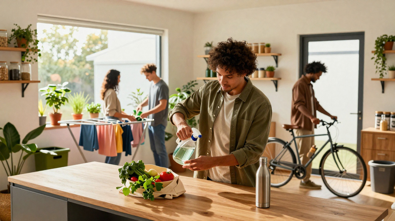 Young man washing hands in kitchen while friends dry clothes and handle bicycle indoors.