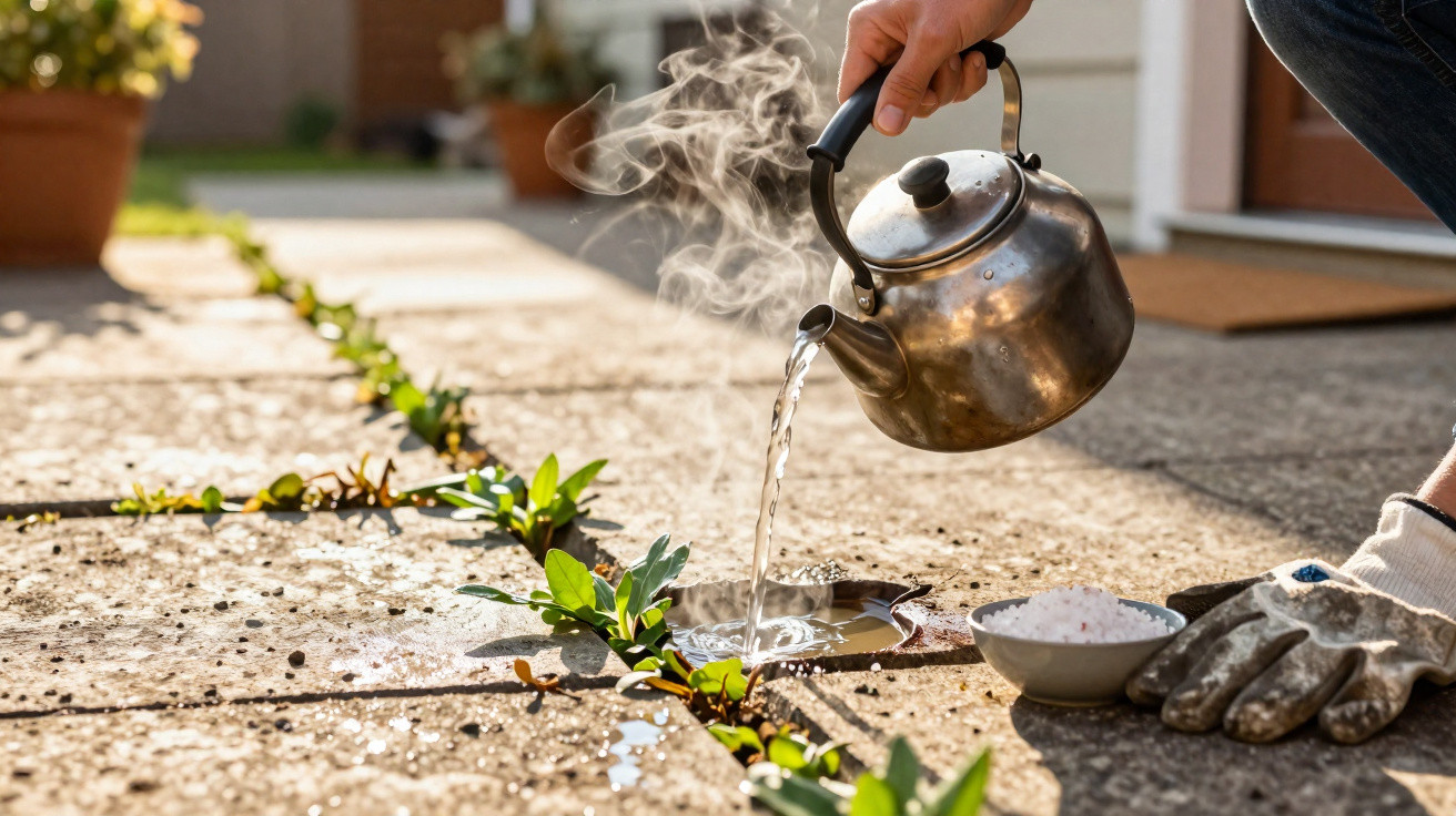 Hand pouring steaming hot water from kettle onto plants growing through cracks in pavement outdoors.