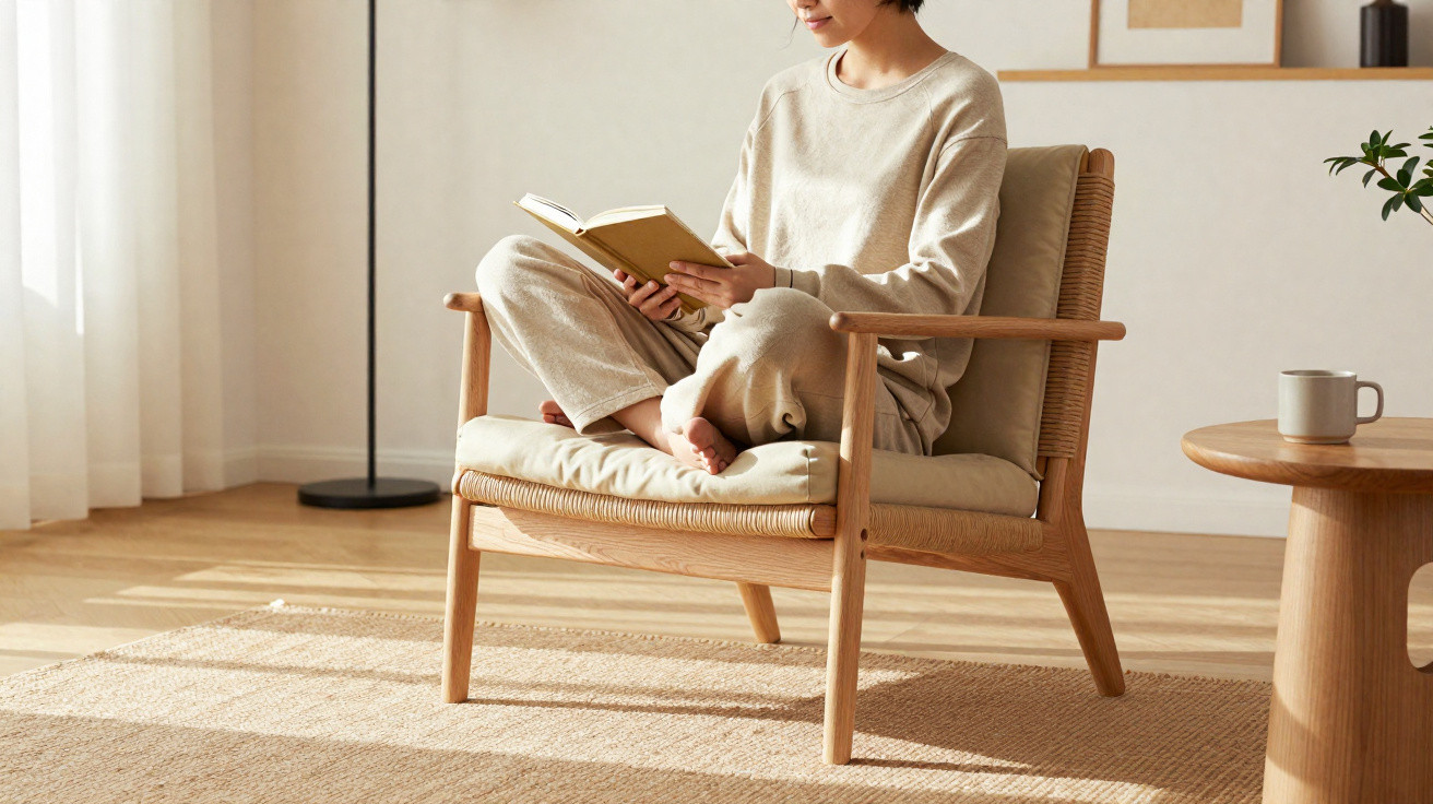 Person sitting cross-legged on a wooden armchair reading a book in a sunlit, minimalist living room.