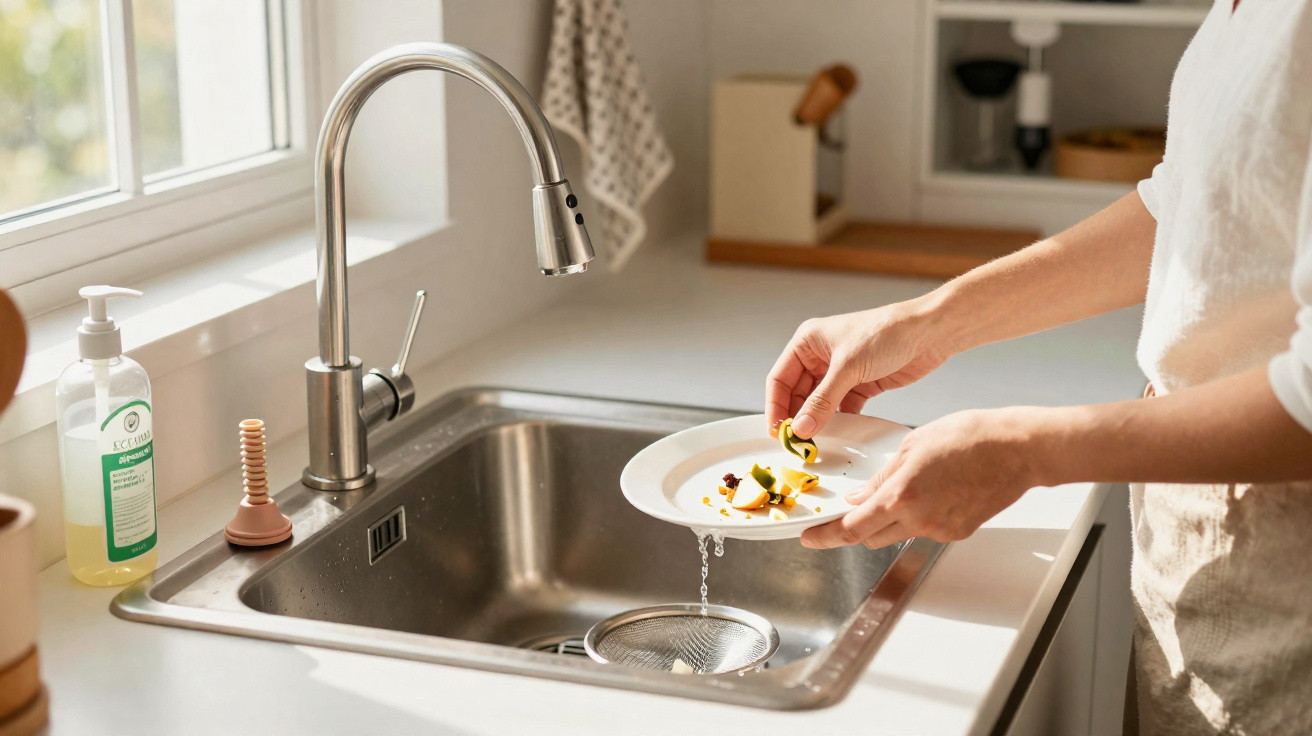 Person scraping food scraps from a white plate over a modern kitchen sink with a silver faucet.