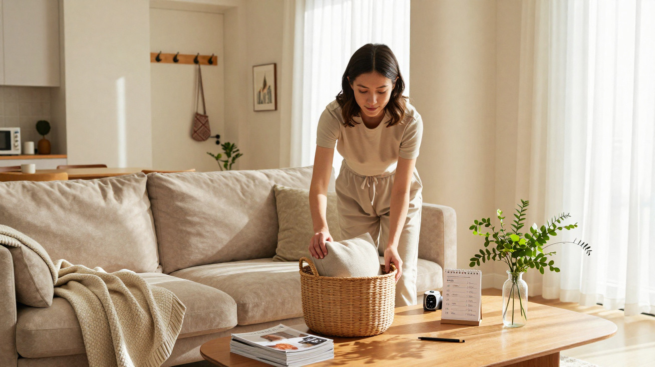 Woman placing a cushion into a wicker basket on a wooden coffee table in a bright, beige living room.