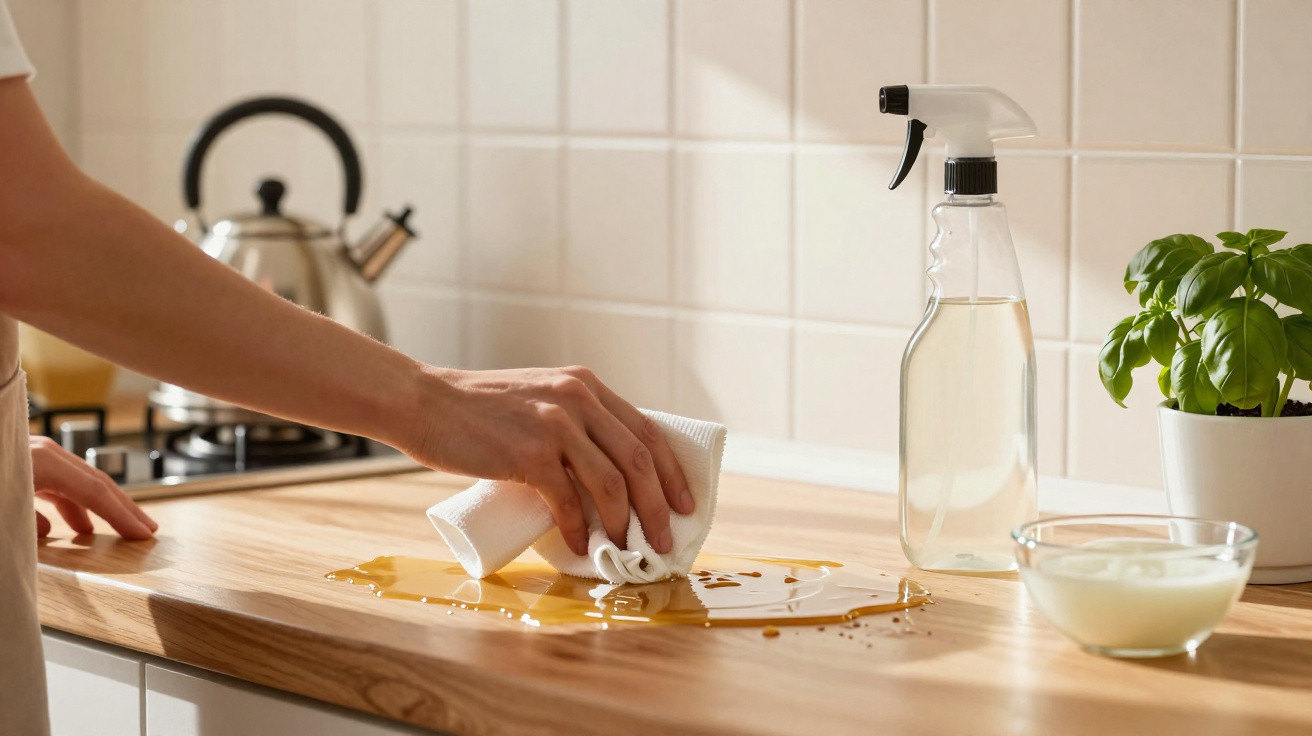 Person wiping spilled liquid on wooden kitchen countertop with cloth and spray bottle nearby