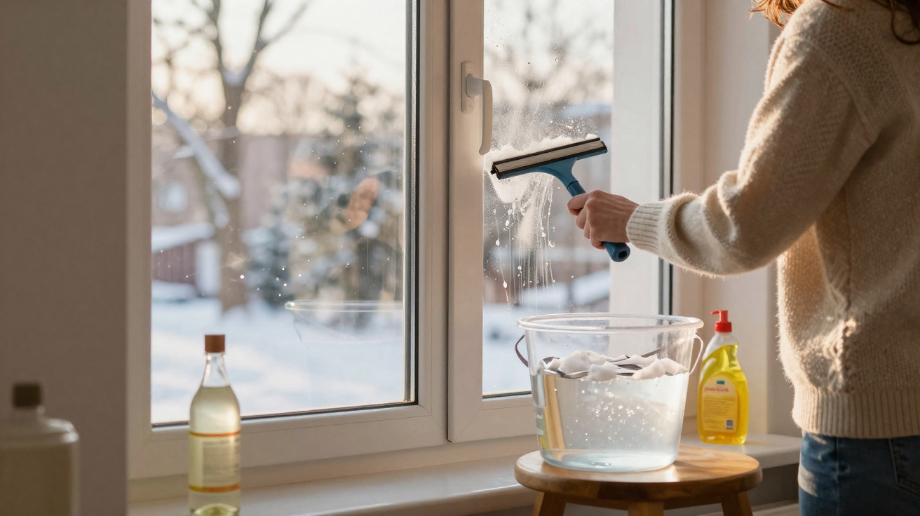 Person cleaning a window with a squeegee and a bucket of soapy water on a wooden stool nearby.