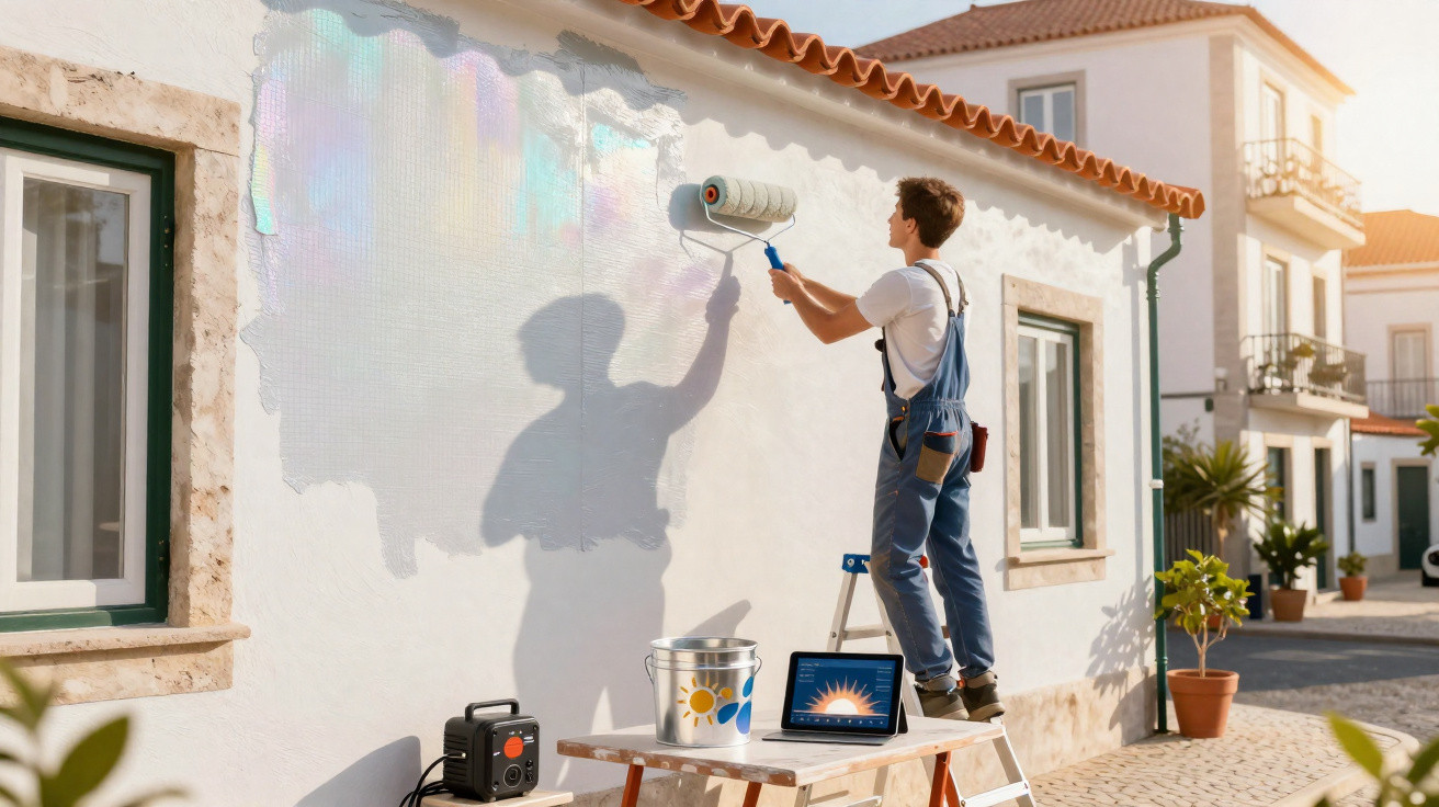 Man in overalls painting white house wall with roller brush on sunny day, standing on a step ladder.