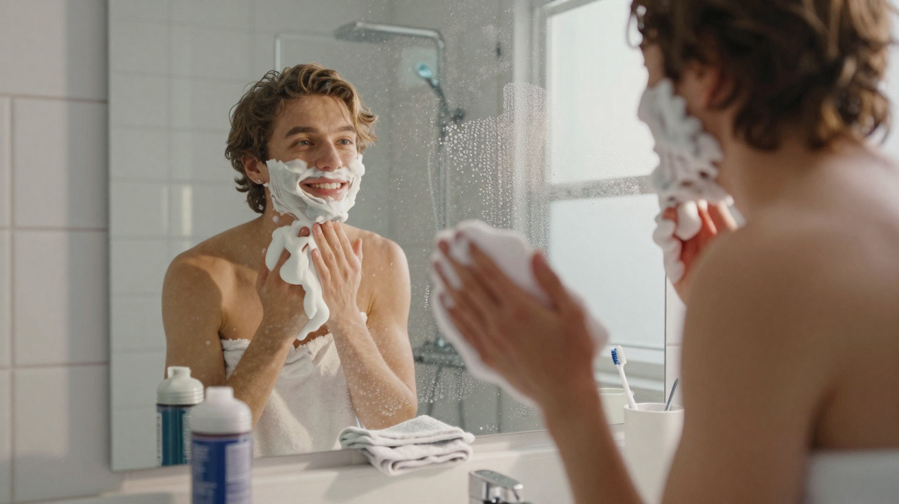 Young man smiling while applying shaving foam on his face in a bathroom mirror reflection.