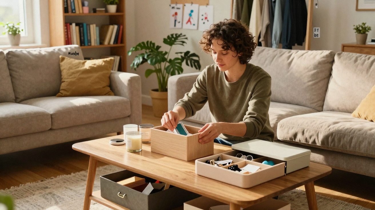 Person sitting at a wooden coffee table organising items in a box in a cosy living room with beige sofas.