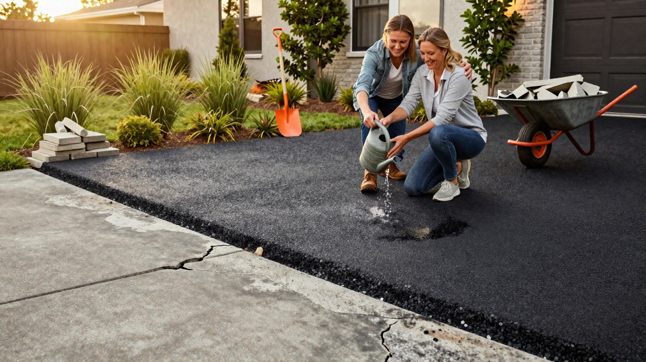 Two women watering newly laid asphalt driveway outside a house during sunset.