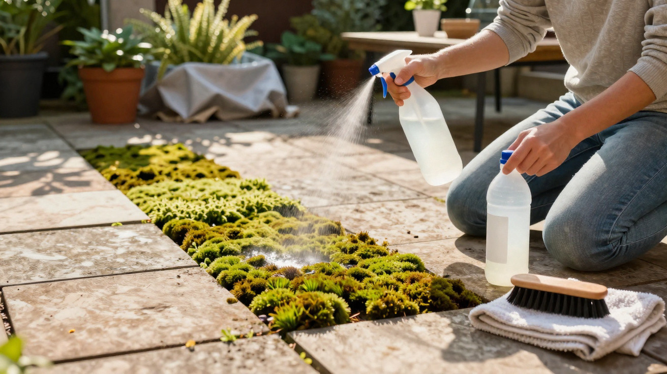 Person kneeling on patio spraying moss growing between stone tiles, with cleaning brush and cloth nearby.