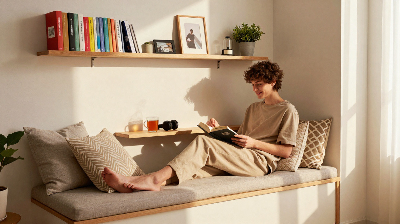 Young person reading a book on a cushioned window seat with cushions and a shelf of books above.