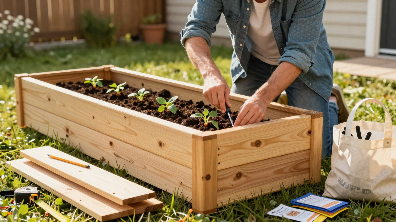 Person planting seedlings in a wooden raised garden bed outdoors with gardening tools nearby.