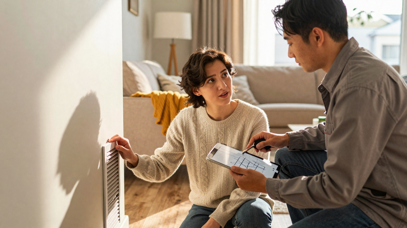 Two people inspecting a vent in a living room with a floor plan on a clipboard.