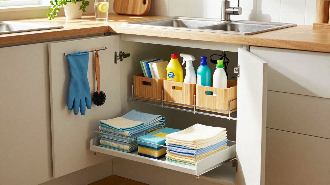 Open kitchen cabinet under sink with organised cleaning supplies, cloths, sponges, gloves, and brushes