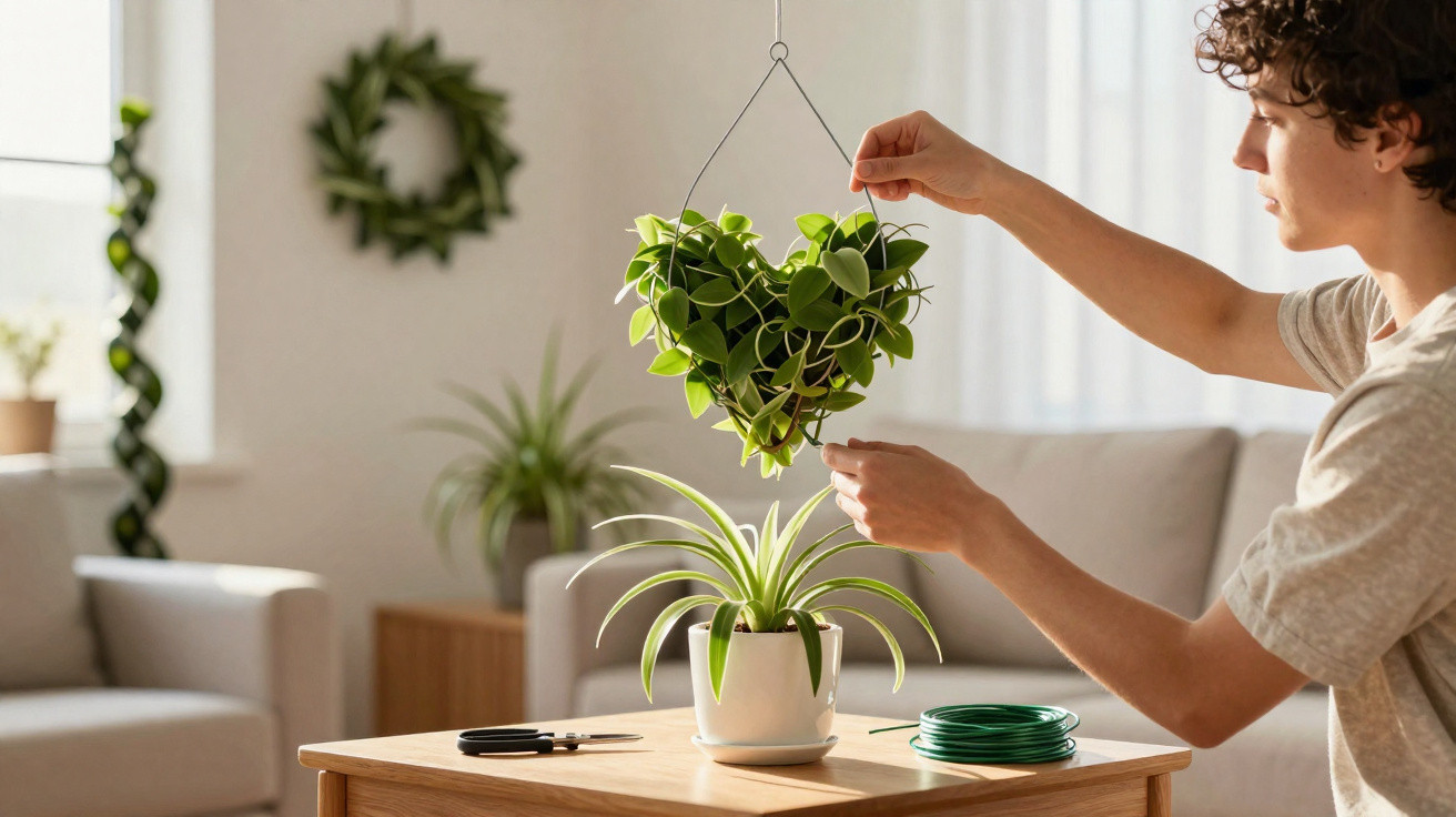 Person holding a heart-shaped hanging plant above a spider plant on a wooden table in a bright living room.