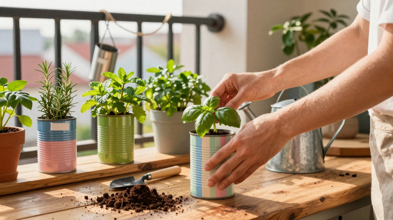 Hands tending to a small basil plant in a colourful tin on a wooden table with gardening tools and other plants.