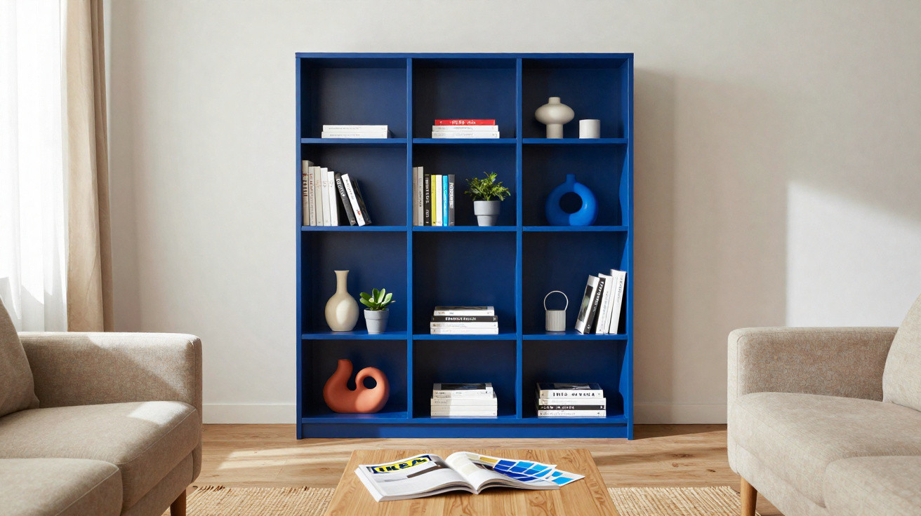 Blue shelving unit with books, plants and decorative objects between two beige armchairs in a living room.