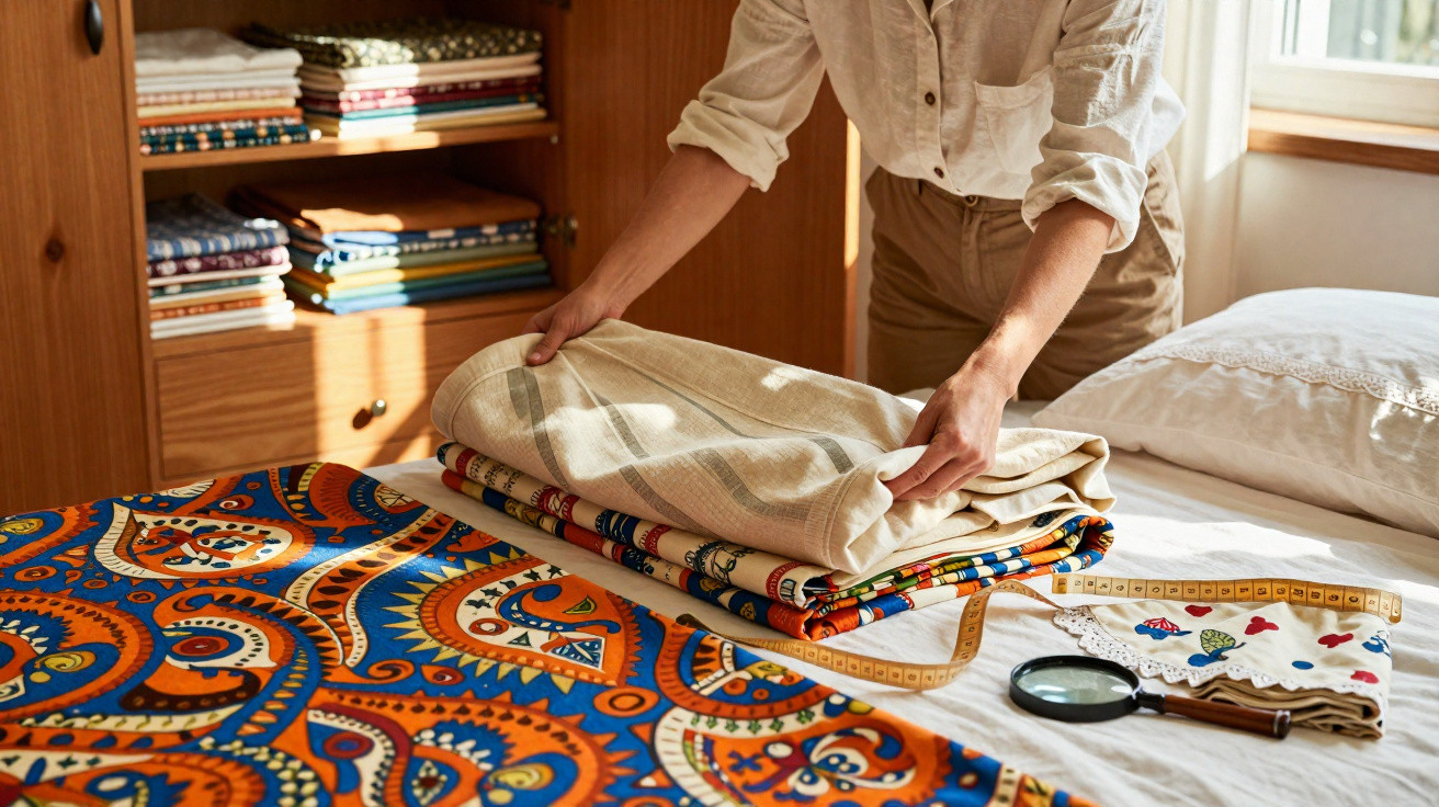Person folding patterned fabric on a table with sewing tools and more fabric in the background.