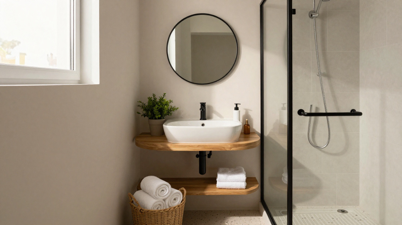 Minimalist bathroom with wooden floating vanity, round mirror, potted plant, and glass shower enclosure.