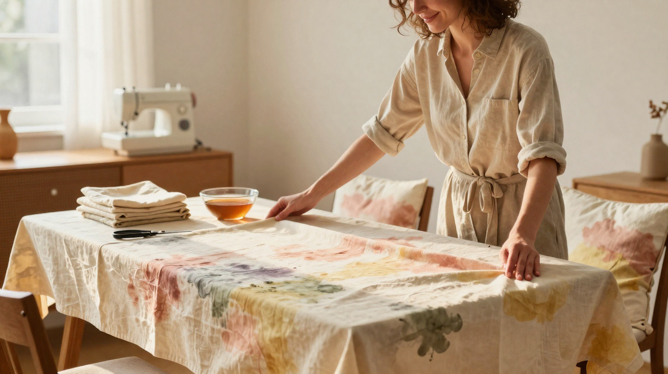 Woman smoothing a floral tablecloth on a dining table in a sunlit room with a sewing machine nearby