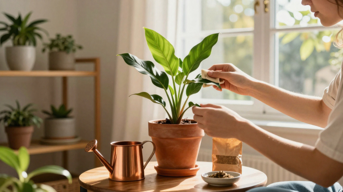 Person cleaning houseplant leaves beside a copper watering can on a wooden table by a sunny window.
