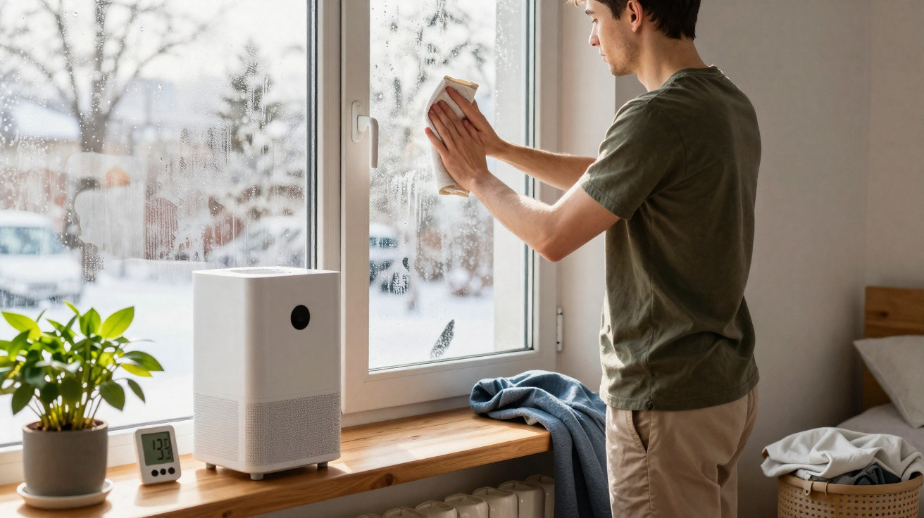 Young man cleaning a fogged window in a room with a wooden windowsill and houseplants.