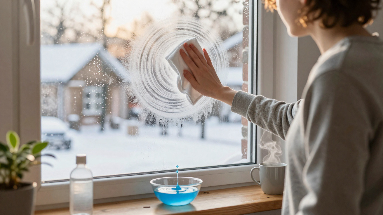 Person cleaning a frosted window with a cloth on a snowy winter day, with cleaning supplies on the sill.