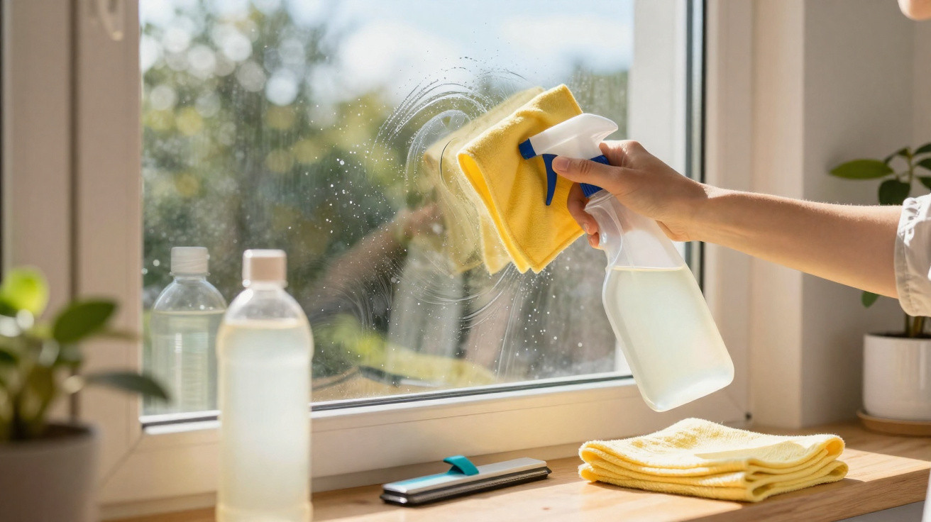 Hand cleaning a window with spray bottle and yellow cloth on a sunny day by potted plants.