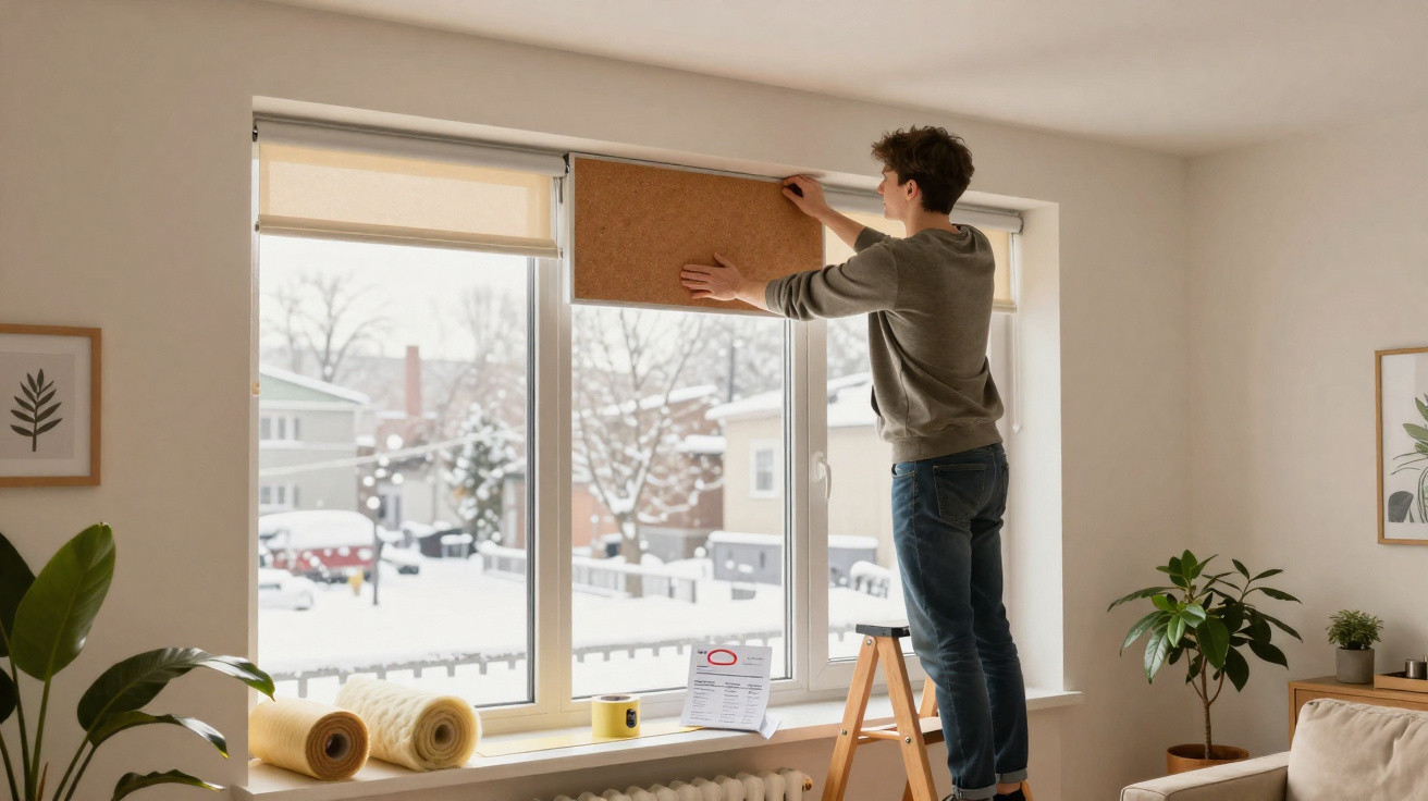 Young man standing on a ladder fixing a corkboard above a window in a bright, cosy living room.