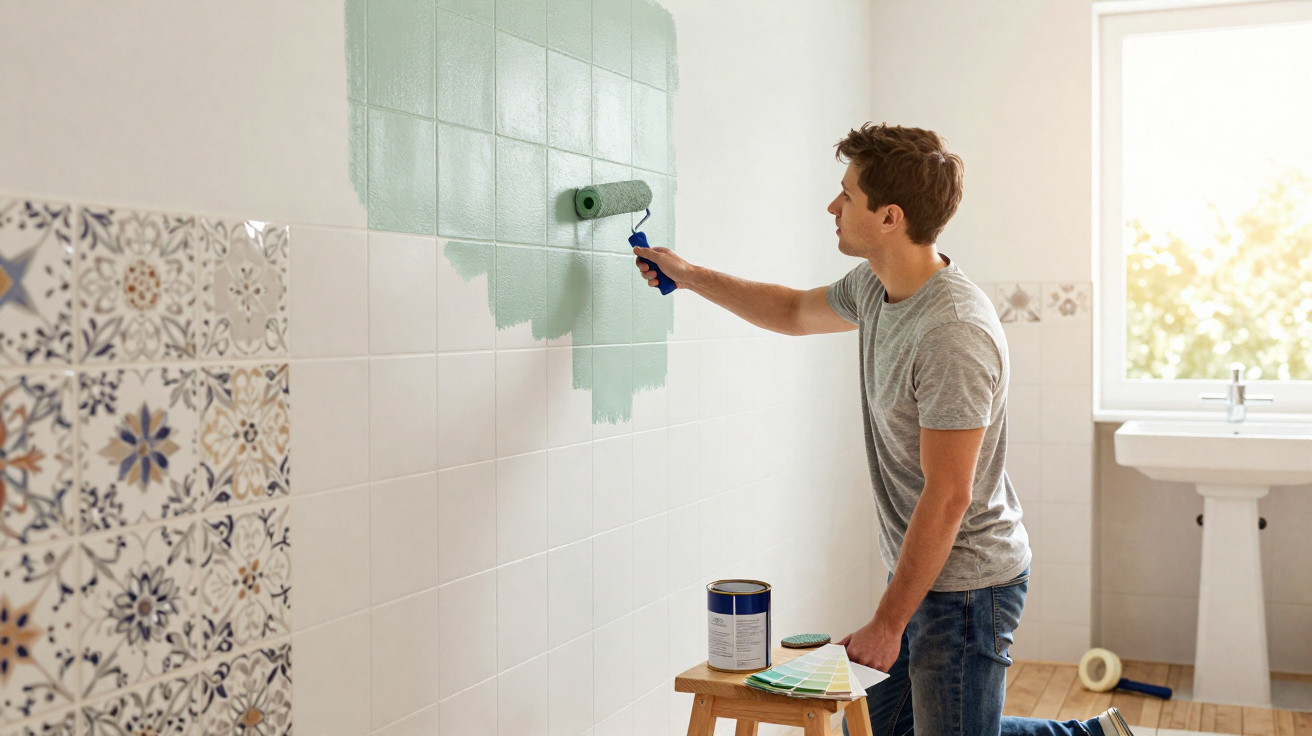 Man painting tiled bathroom wall green with a roller while holding paint samples on a wooden stool.