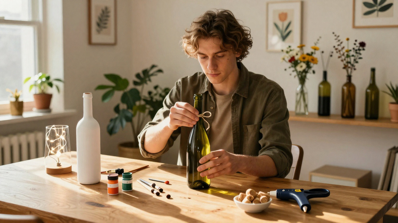 Young man decorating a green glass bottle with a string at a wooden table with craft supplies in a sunlit room.