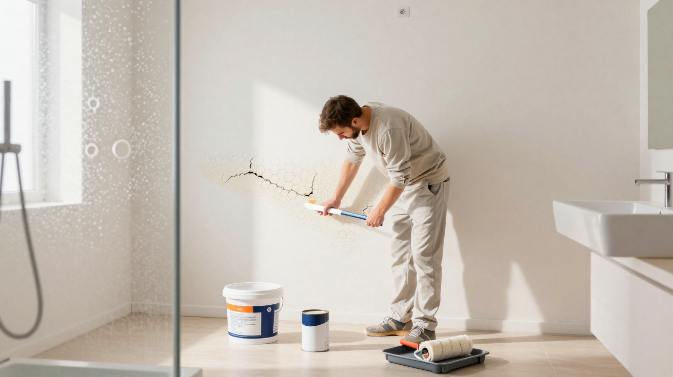 Man repairing a cracked wall with plaster in a bright bathroom under renovation.