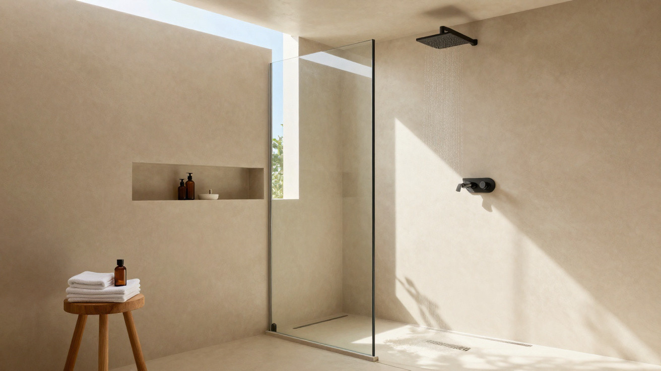 Minimalist beige walk-in shower with rainfall showerhead, glass partition, wooden stool, and natural light.