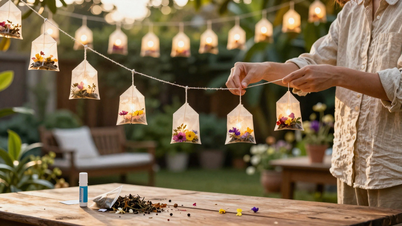 Hands hanging decorative lantern string lights with pressed flowers in a cozy garden setting at dusk.