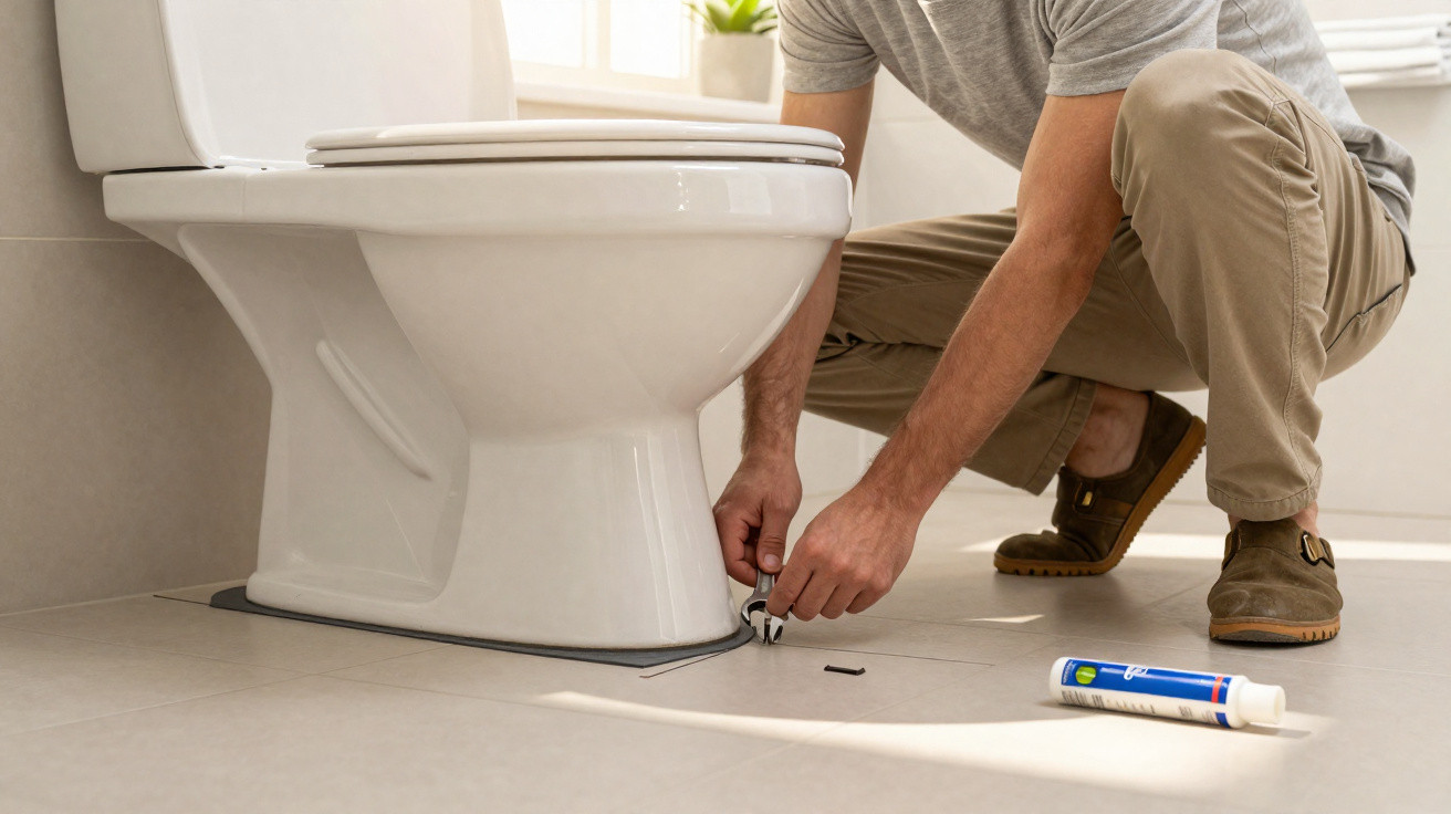 Person applying sealant around the base of a toilet in a bright bathroom with beige tiles.