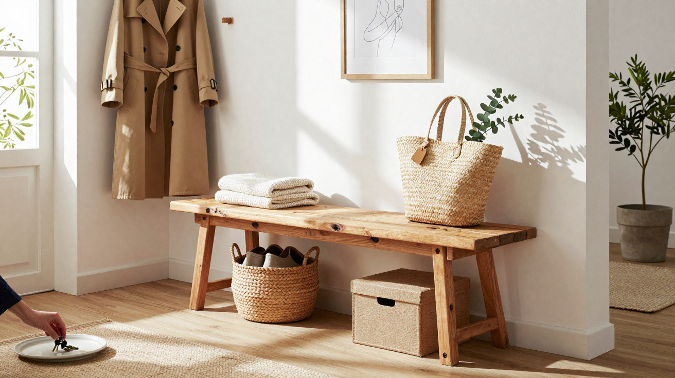 Wooden bench in a bright entryway with woven baskets, folded blankets, a trench coat, and a potted plant.