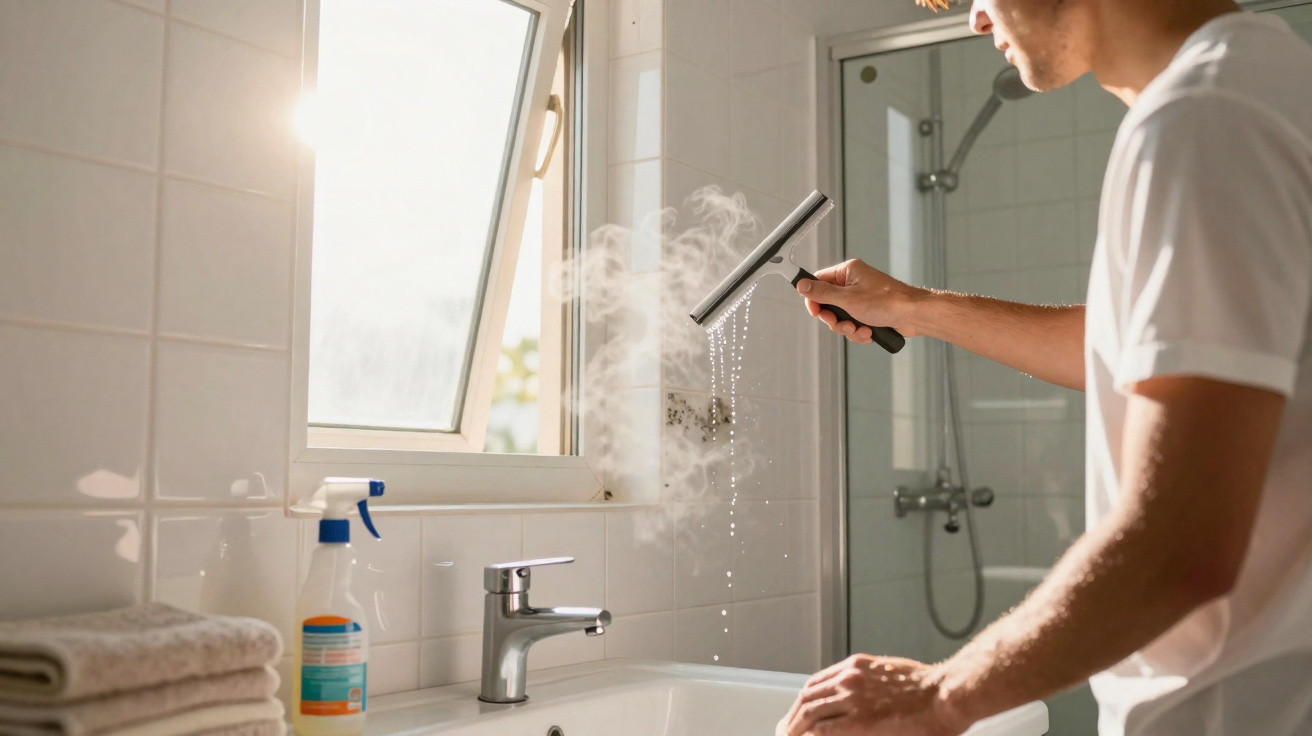 Person using a squeegee to clean a steamy bathroom mirror next to an open window with sunlight.