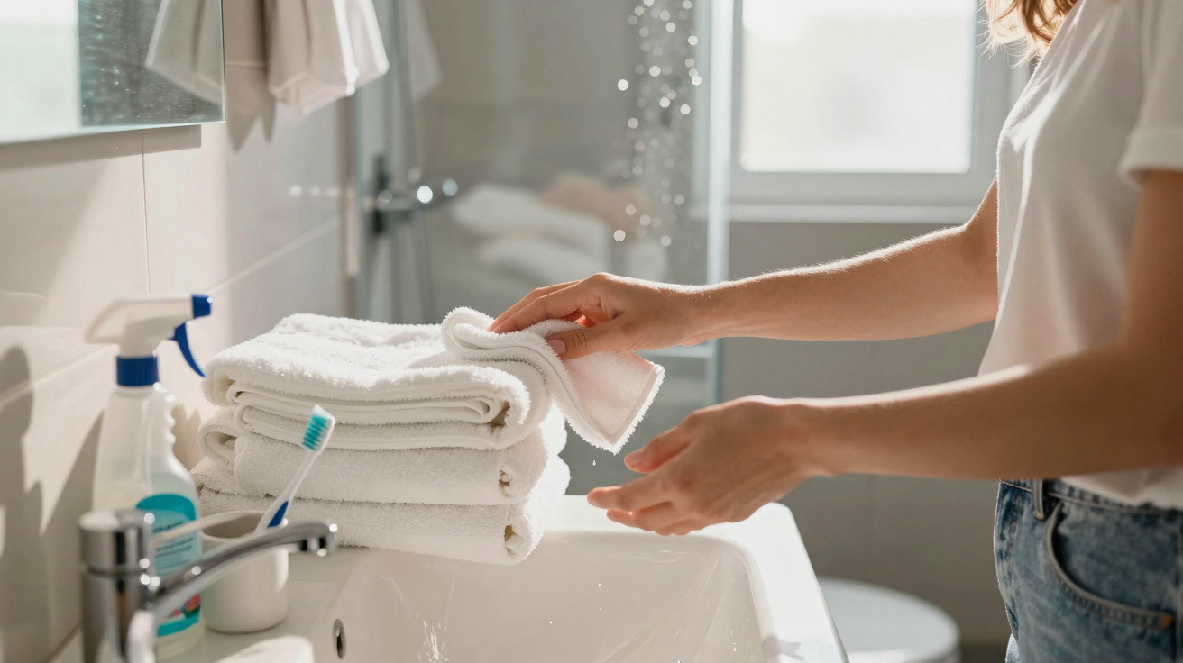 Person drying hands with a white towel over a bathroom sink with stacked towels and toiletries nearby.