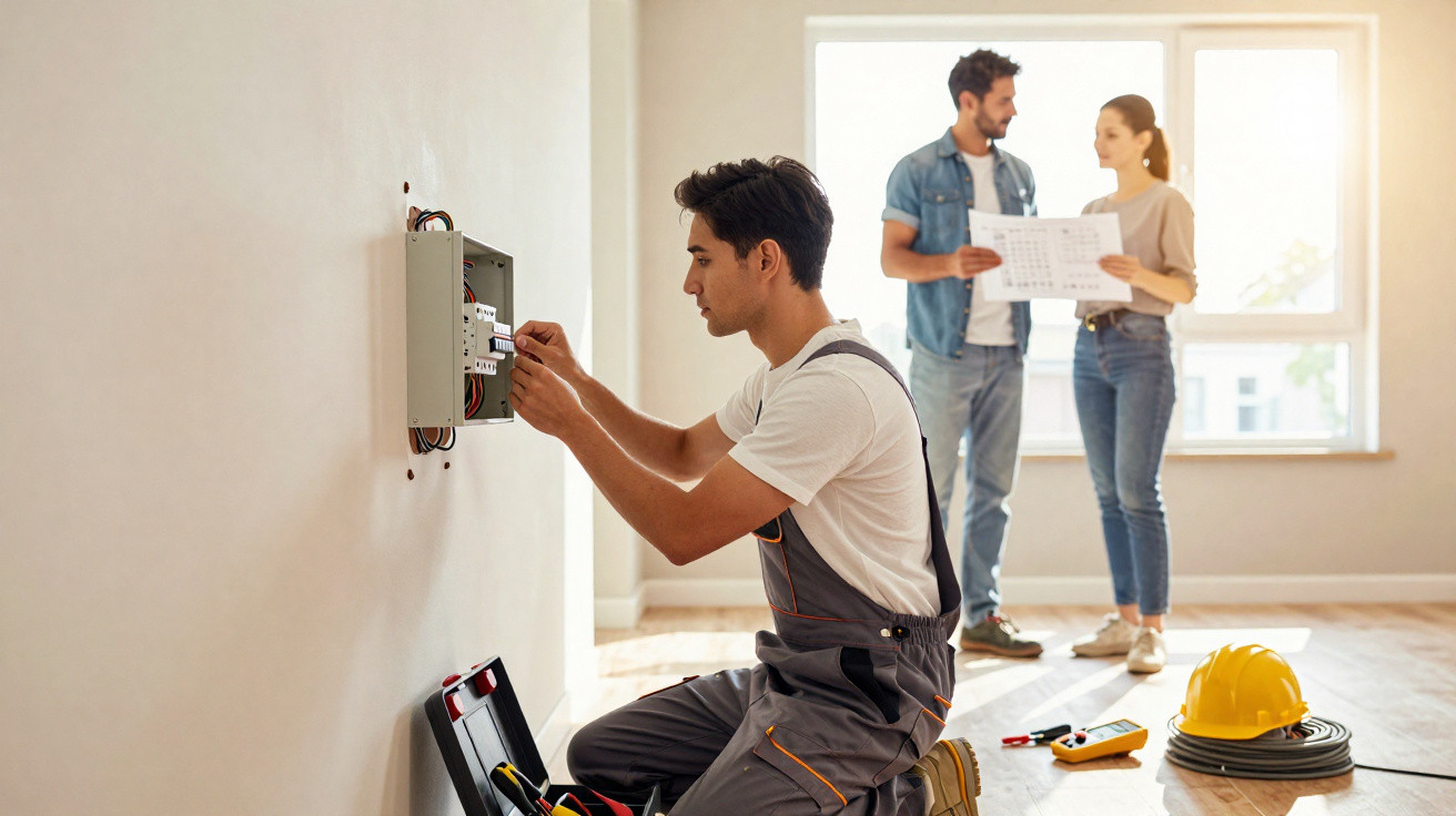 Electrician fixing fuse box while a couple reviews house plans in an empty room with tools and helmet on floor.
