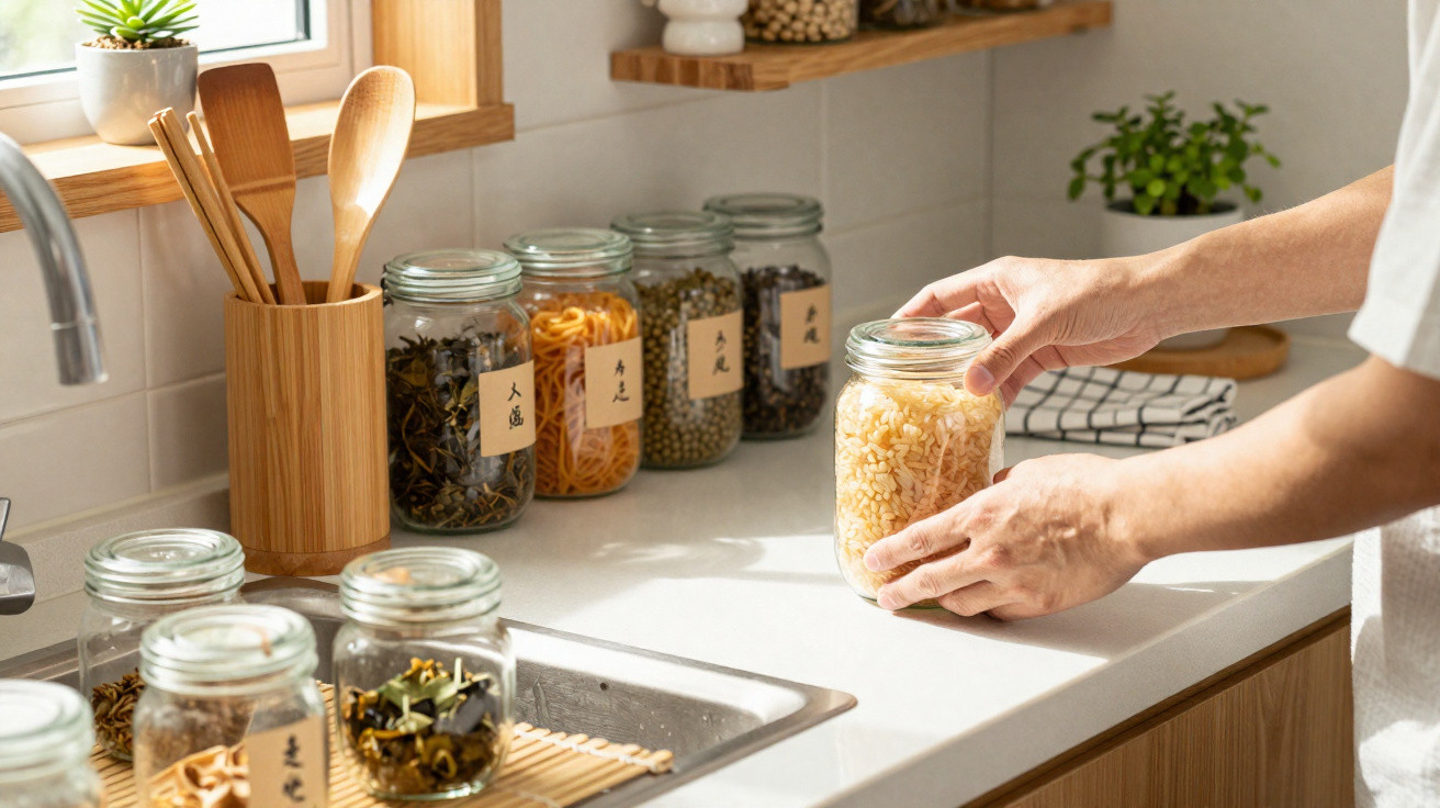 Hands placing a glass jar with dried pasta on a kitchen counter alongside other labeled jars and wooden utensils.