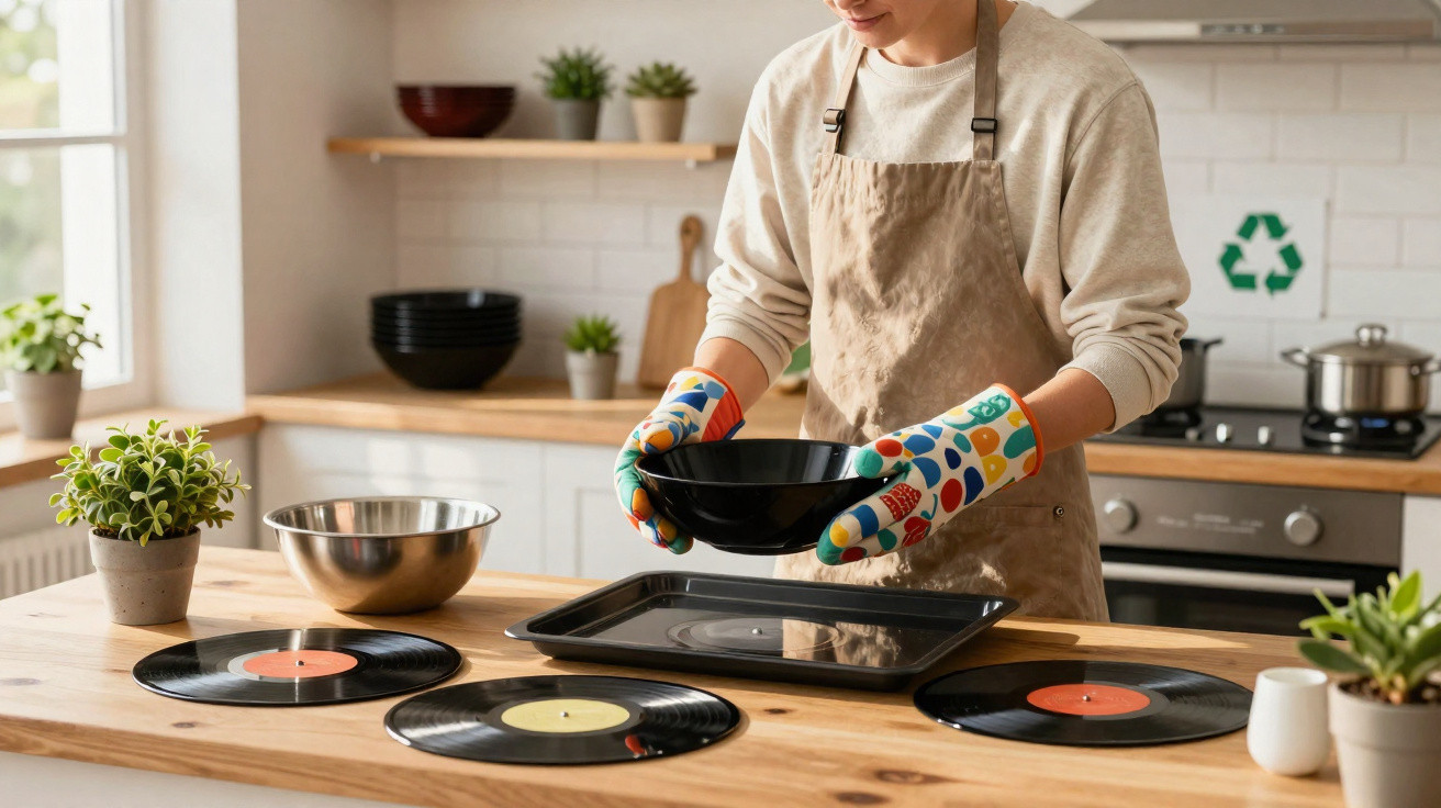 Person wearing colourful oven gloves holding a black bowl in a kitchen with vinyl records on the counter.