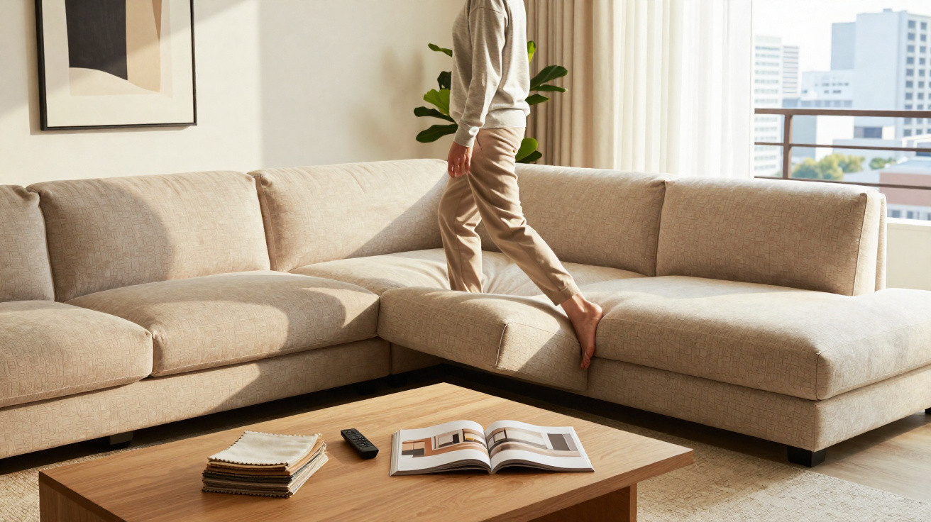 Person walking barefoot on a light beige corner sofa in a bright living room with a wooden coffee table.