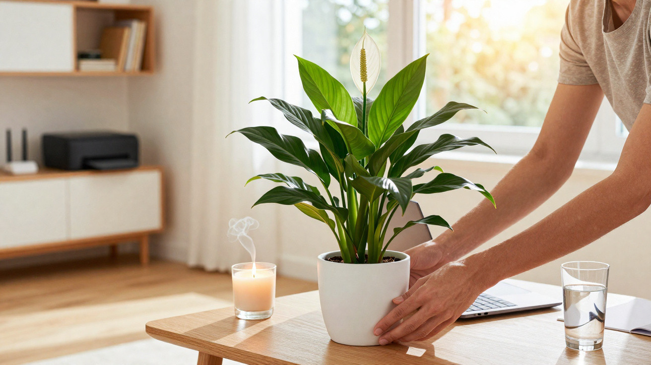 Person placing a potted peace lily on a wooden desk next to a lit candle and glass of water in a bright room.