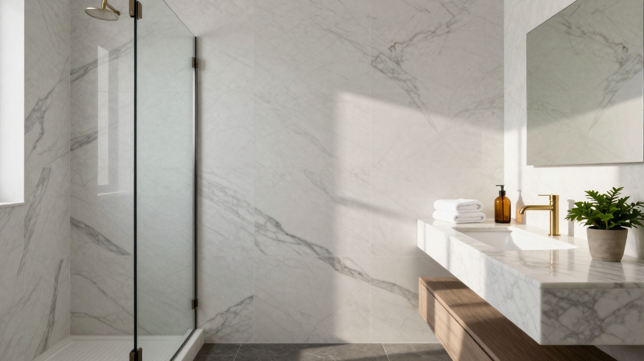 Modern bathroom with marble walls, glass shower enclosure, white countertop, gold faucet, and potted plant.