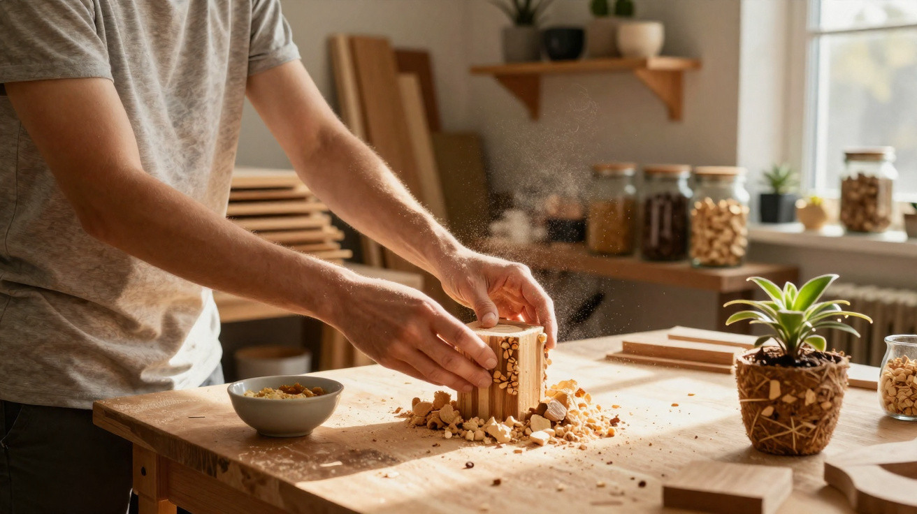 Person carving a wooden block on a workbench with wood shavings and a small plant nearby in a sunlit workshop.