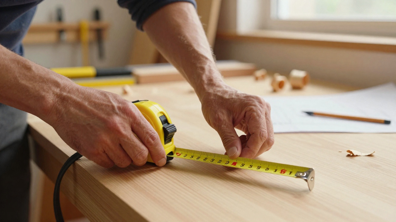 Person measuring a wooden board with a yellow tape measure on a workbench near a window.