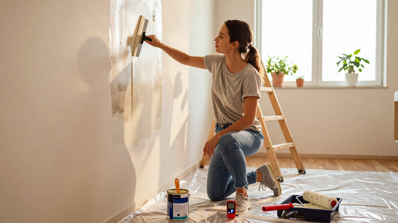Woman kneeling and smoothing painted wall with trowel in a bright room with protective floor covering.