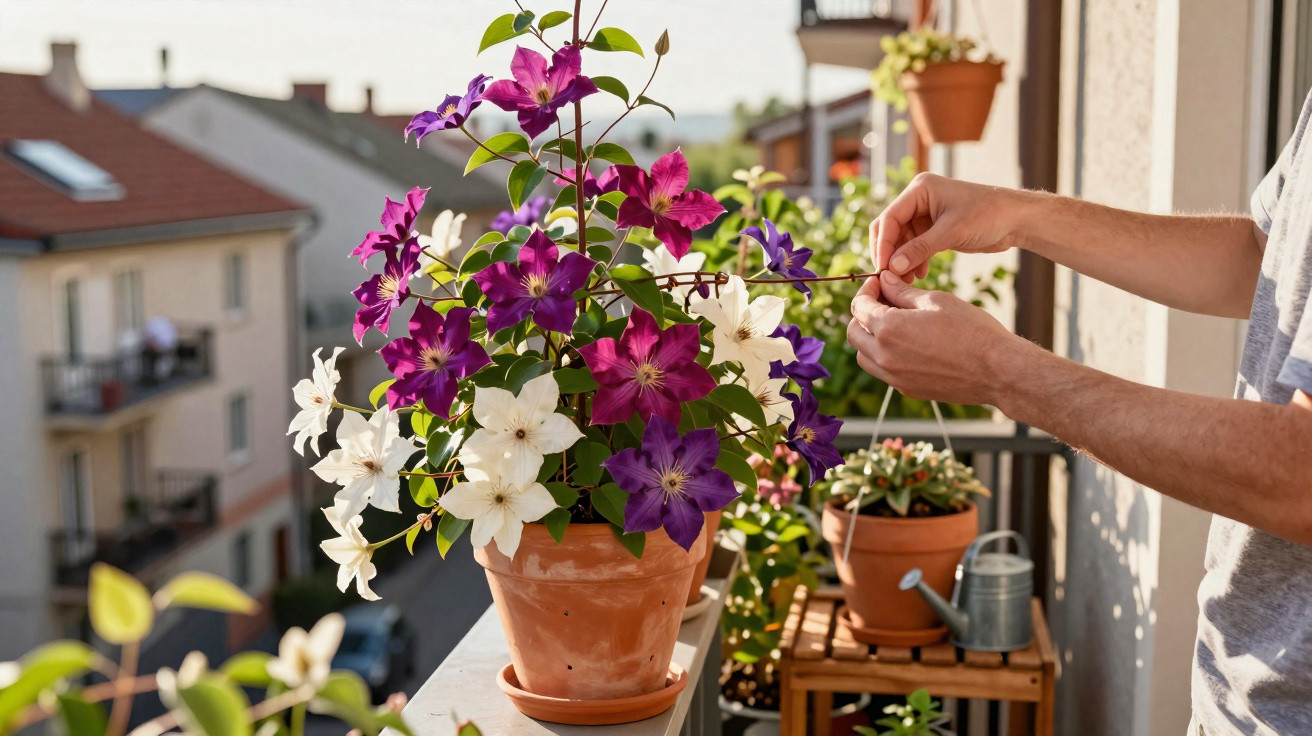 Hands tending to purple and white clematis flowers in a terracotta pot on a balcony railing.