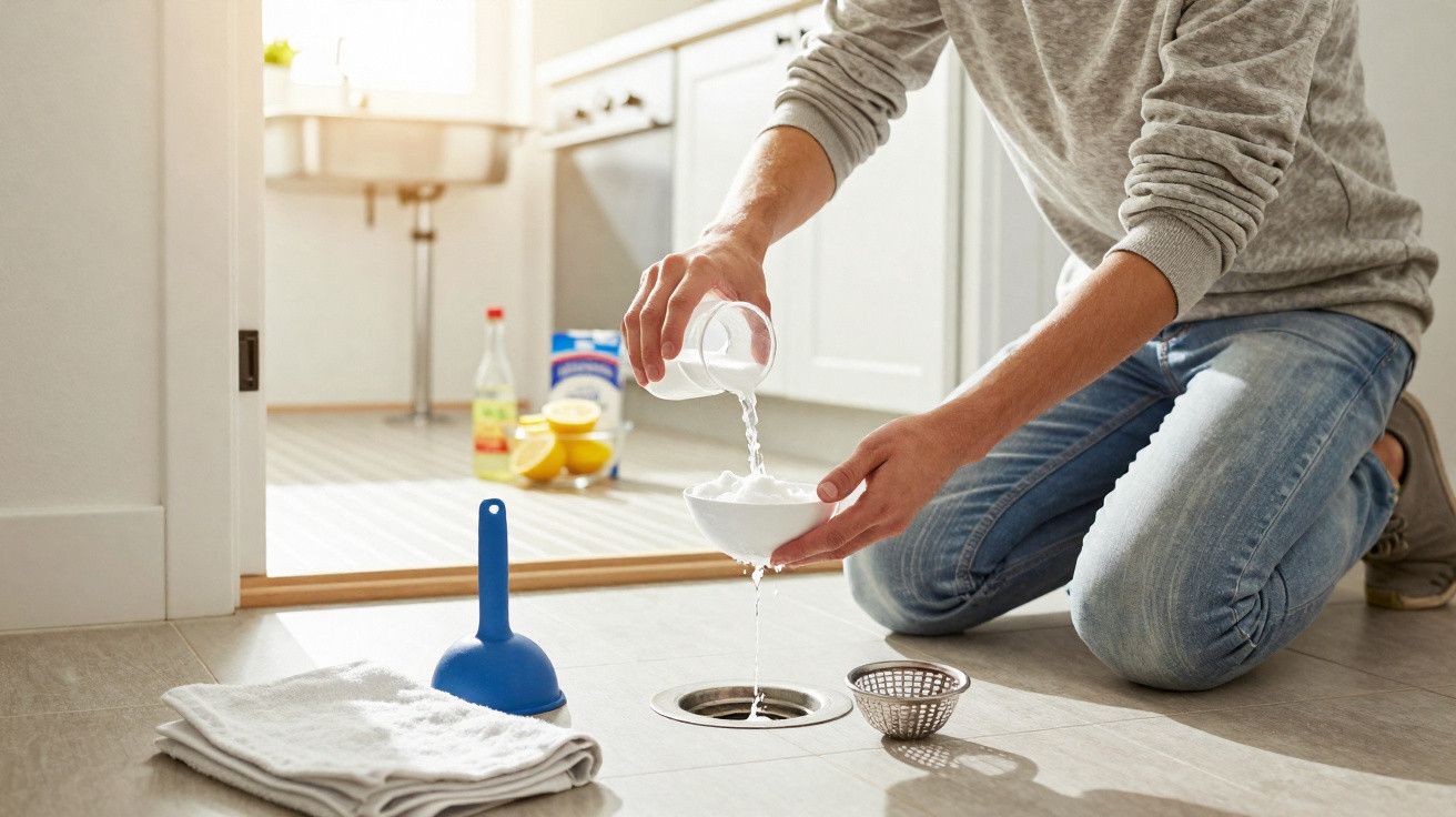 Person pouring white powder into a drain on a kitchen floor, with cleaning tools nearby.
