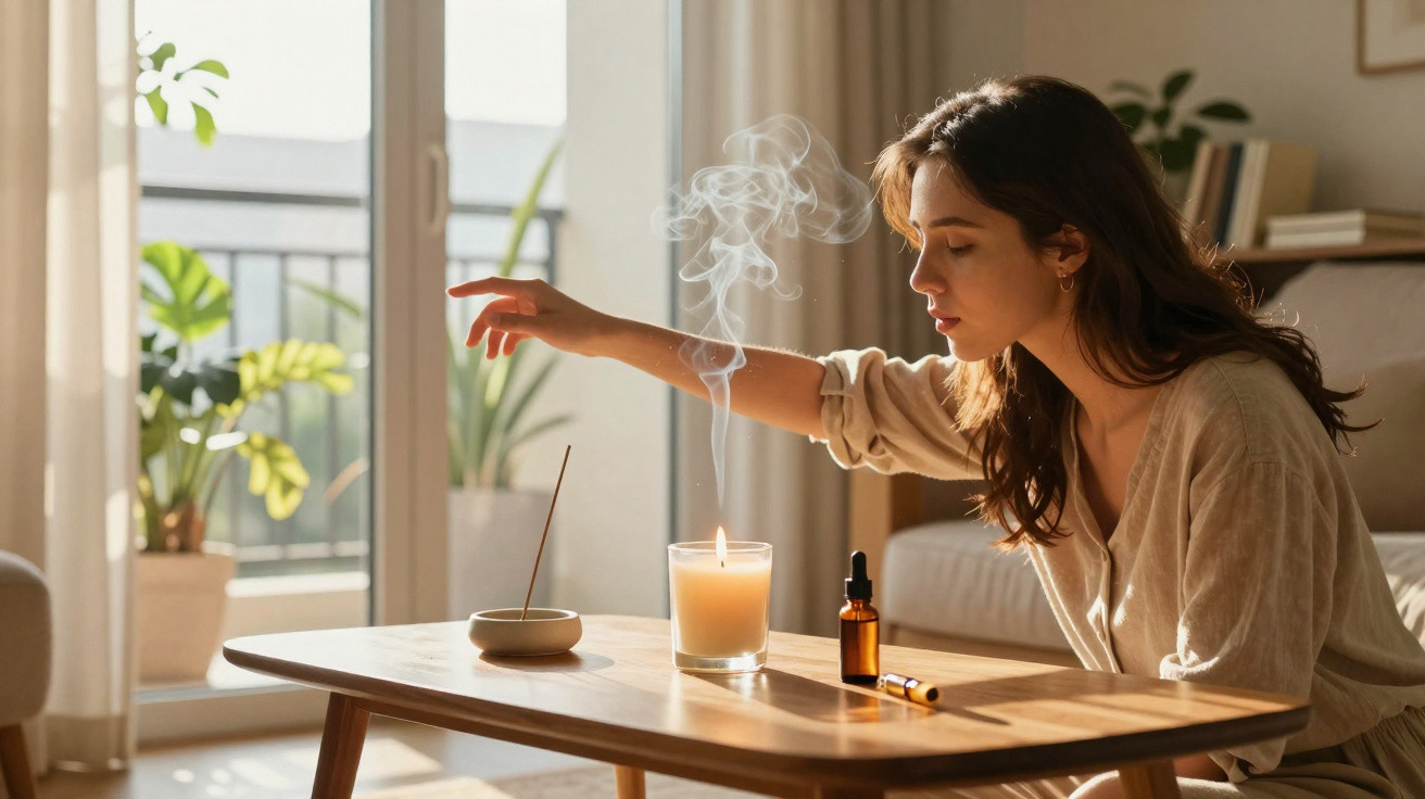Woman lighting incense stick beside a burning candle on a wooden table in a sunlit living room.