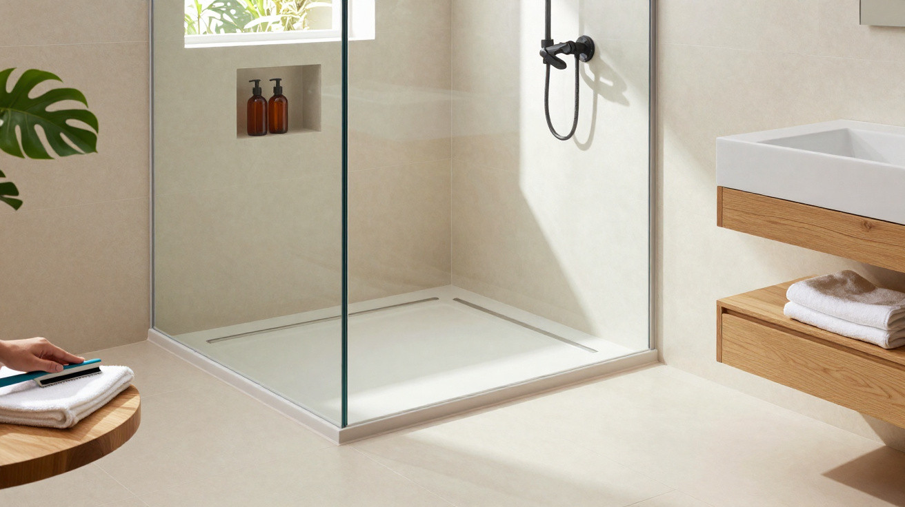 Minimalist bathroom with walk-in glass shower, black showerhead, wooden sink unit, and folded towels.